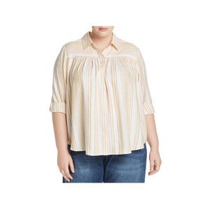 CUPIO BLUSH Womens Ivory Curved Hem Roll-tab Sleeve Button Up Top Plus 1X